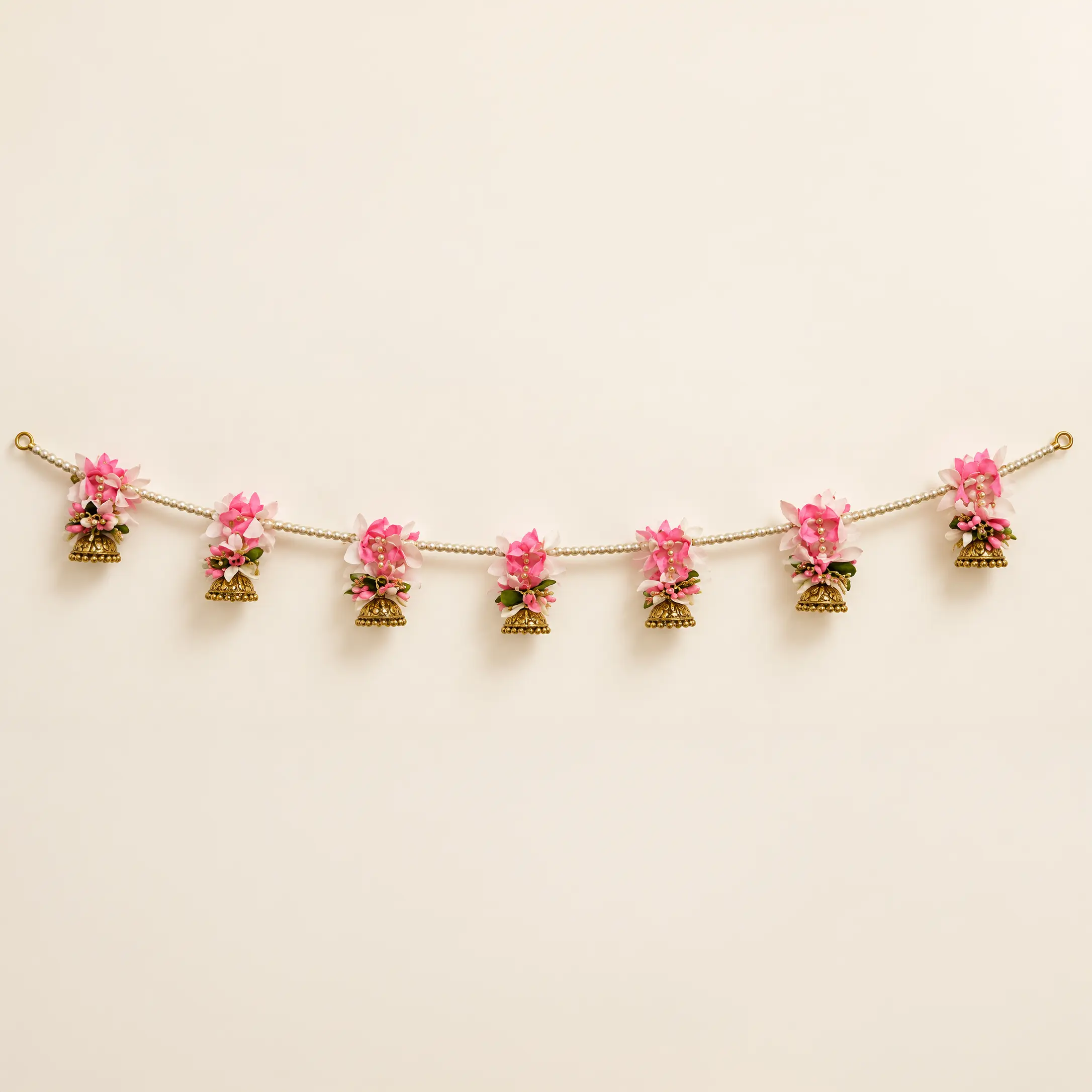 Pink Floral Pearl Toran with Gold Jhumkas