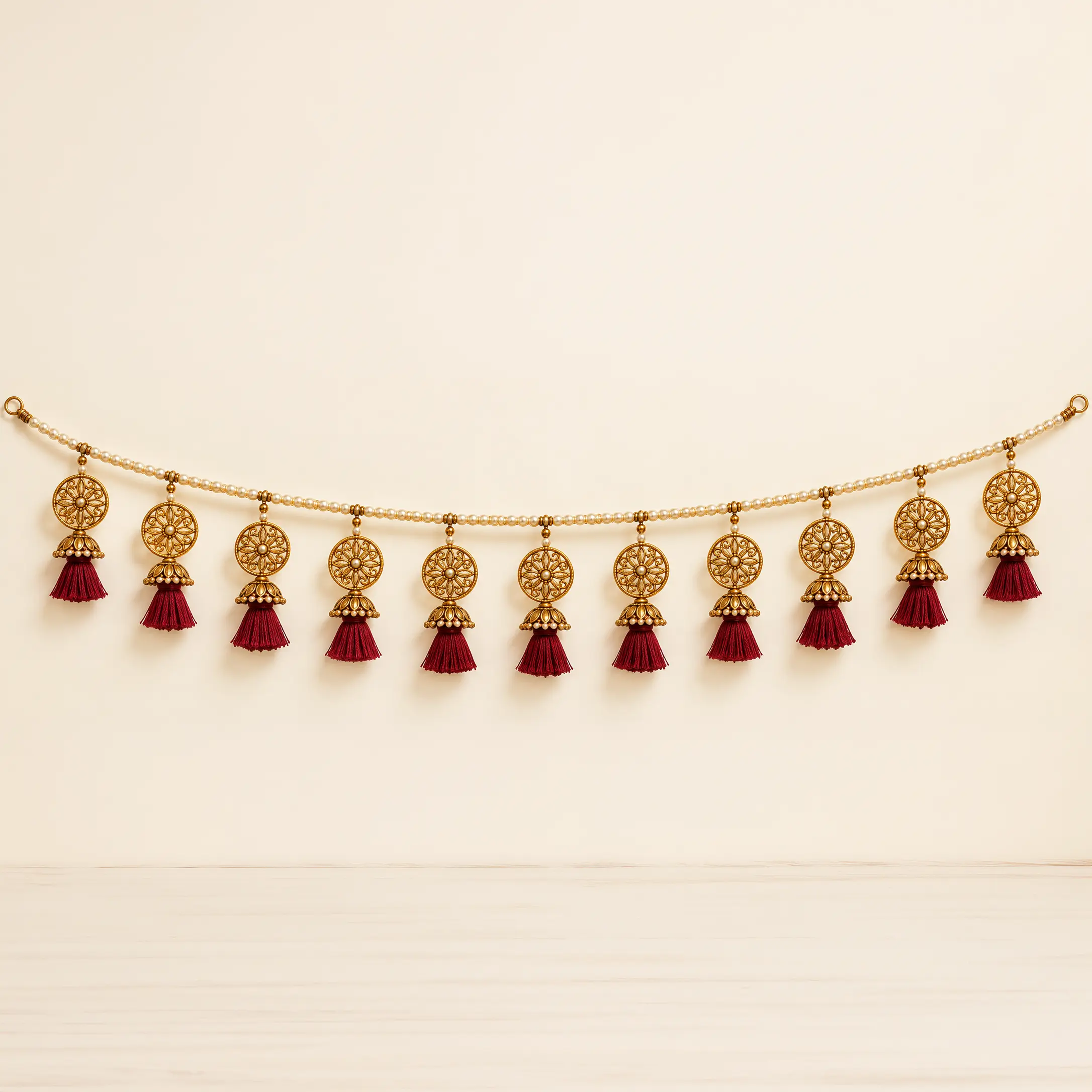 Antique Gold Filigree Toran with Maroon Tassels
