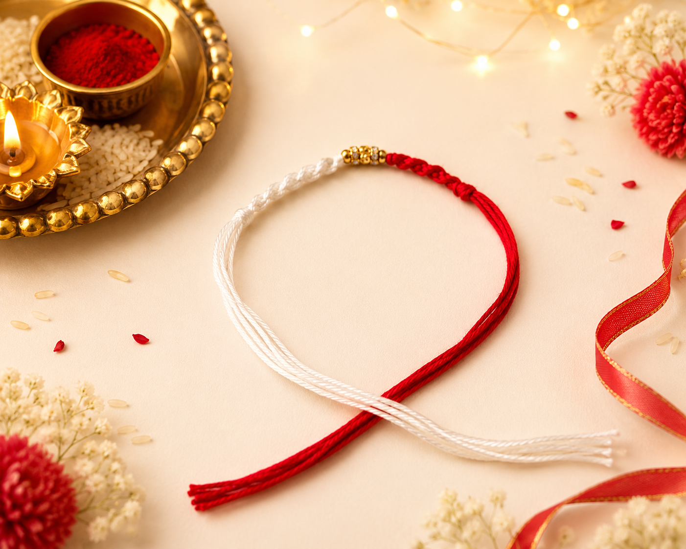 Elegant Red & White Crystal Thread Rakhi