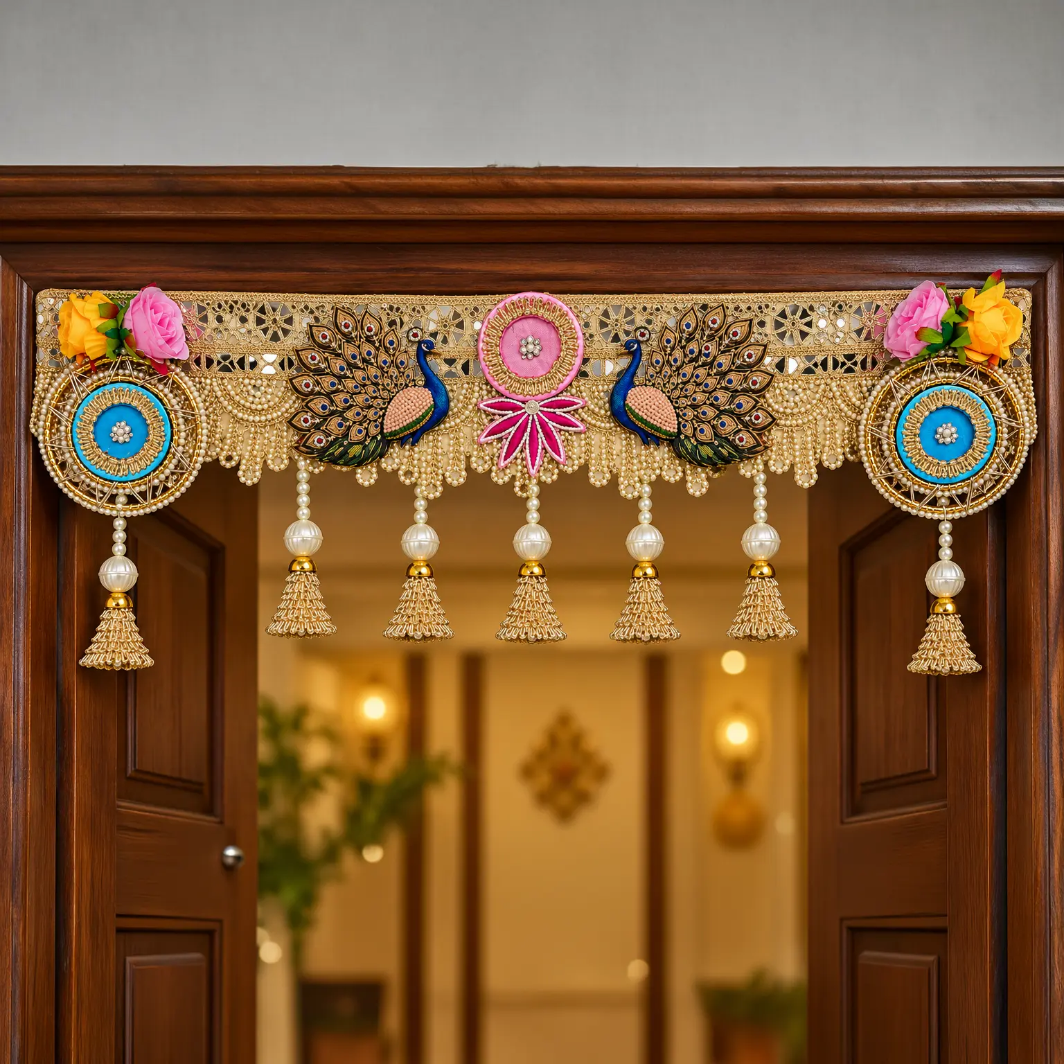 Ornate Peacock Toran with Golden Tassels
