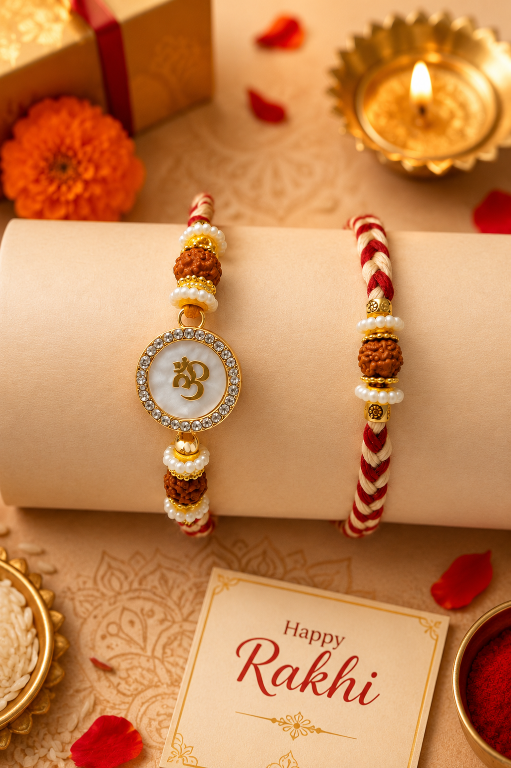Divine Om & Rudraksha Couple Rakhi Set